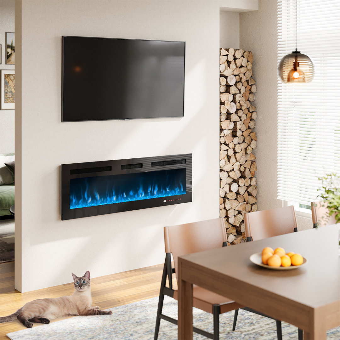 Ultra-thin Electric Fireplace, Recessed & Wall Mounted Heater, Crystal Stone & Log, Timer, 750w/1500w, Adjustable Flame Color, Touch Screen & Remote Control